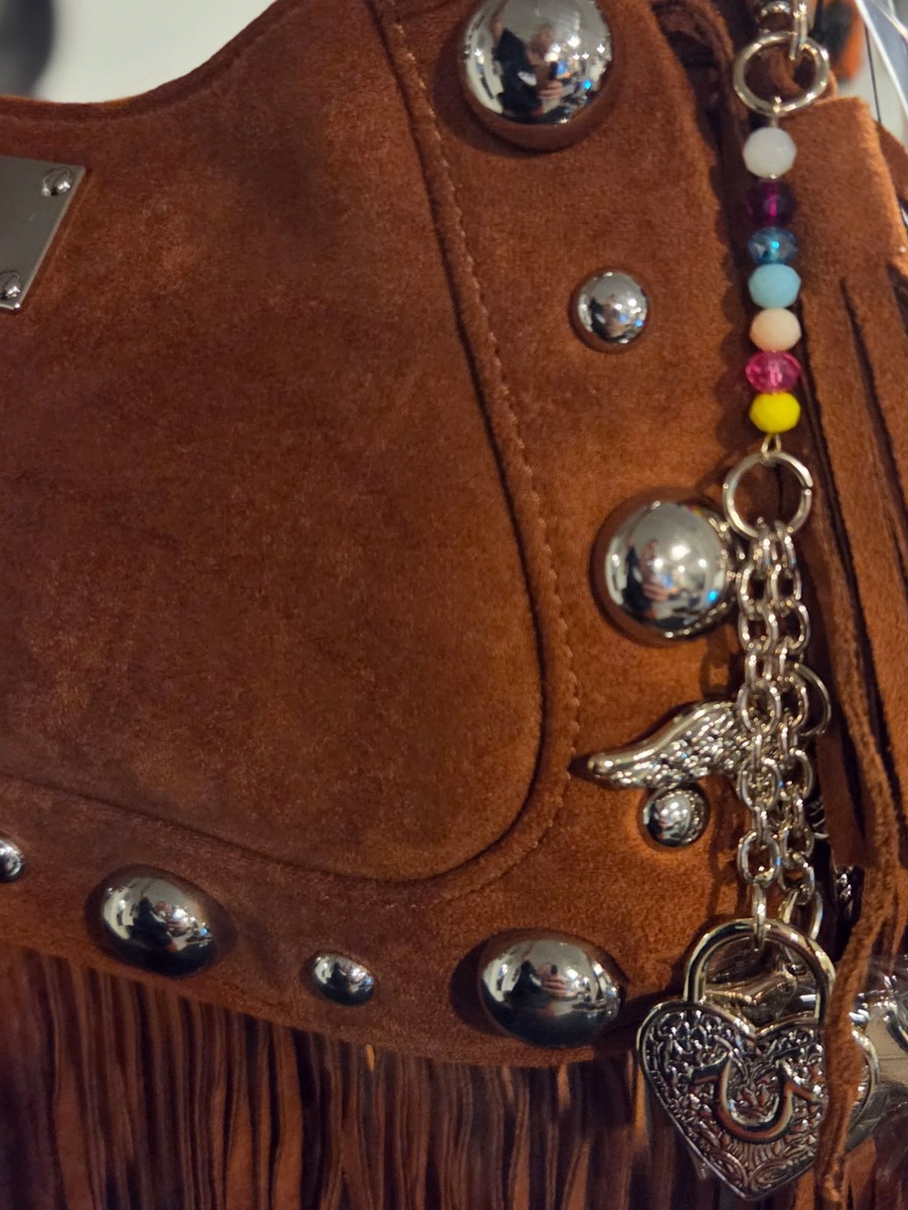 True Religion Faux suede fringe purse with silver studs and a heart charm - Picture 6 of 10